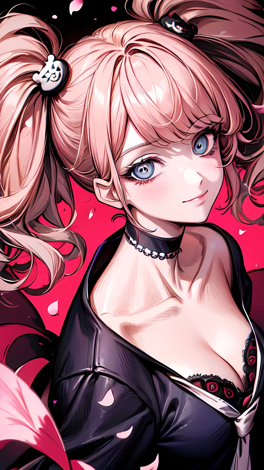 [nsfw:1.5], Junko Enoshima, (absurdres:1.5), (anatomically correct), (Oskar Kokoschka style:1.4), (abstract expressionism art:1.4), (photo once in 1000 years), (masterpiece), (highest quality), (super detailed), (floating), (detailed light), (portrait:1.5), long blonde twin tails, one girl, alone, (ultimate detailed and beautiful blue spiral eyes:1.5), (catchlight:1.5),deep cleavage, clavicle, mega breasts, bangs, smile, (looking at viewer:1.5), (high angle:1.5), bear hair ornament, nail polish, red nails, red bow, black shirt, underwear, choker, black bra, rolled up sleeves, white tie, red plaid pleated skirt, shiny, shiny hair, (pink rouge), (lots of sychedelic petals through the air:1.5), shiny skins