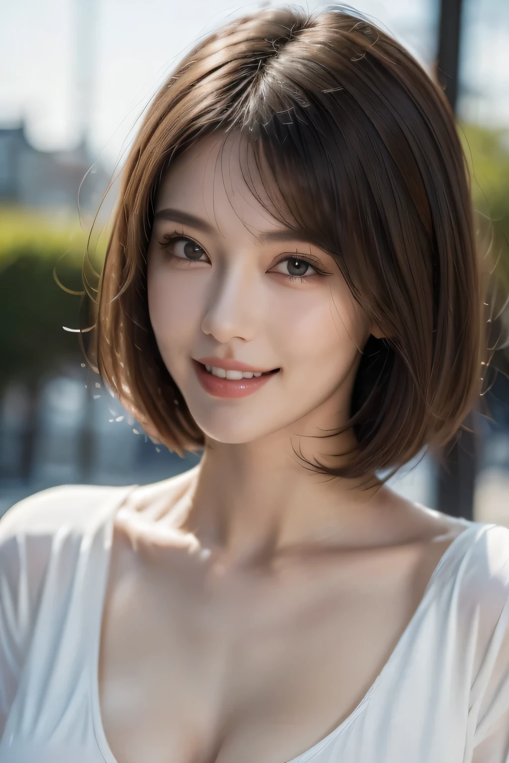 1 Female、40 years、Ultra detailed face、Detailed lips、Detailed eyes、double eyelid, (Medium Short Hair、Huge breasts:1.5)、Summer Sweaters:1.1, ((Highest quality、8k、Photorealistic, masterpiece:1.3))
