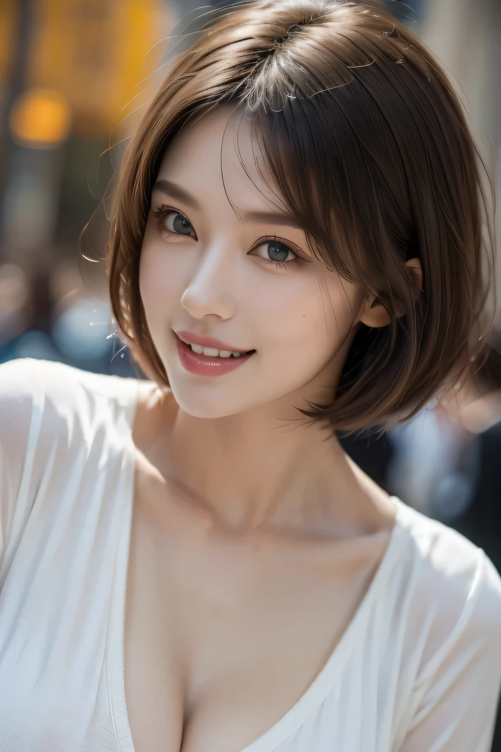 1 Female、40 years、Ultra detailed face、Detailed lips、Detailed eyes、double eyelid, (Medium Short Hair、Huge breasts:1.5)、Summer Sweaters:1.1, ((Highest quality、8k、Photorealistic, masterpiece:1.3))