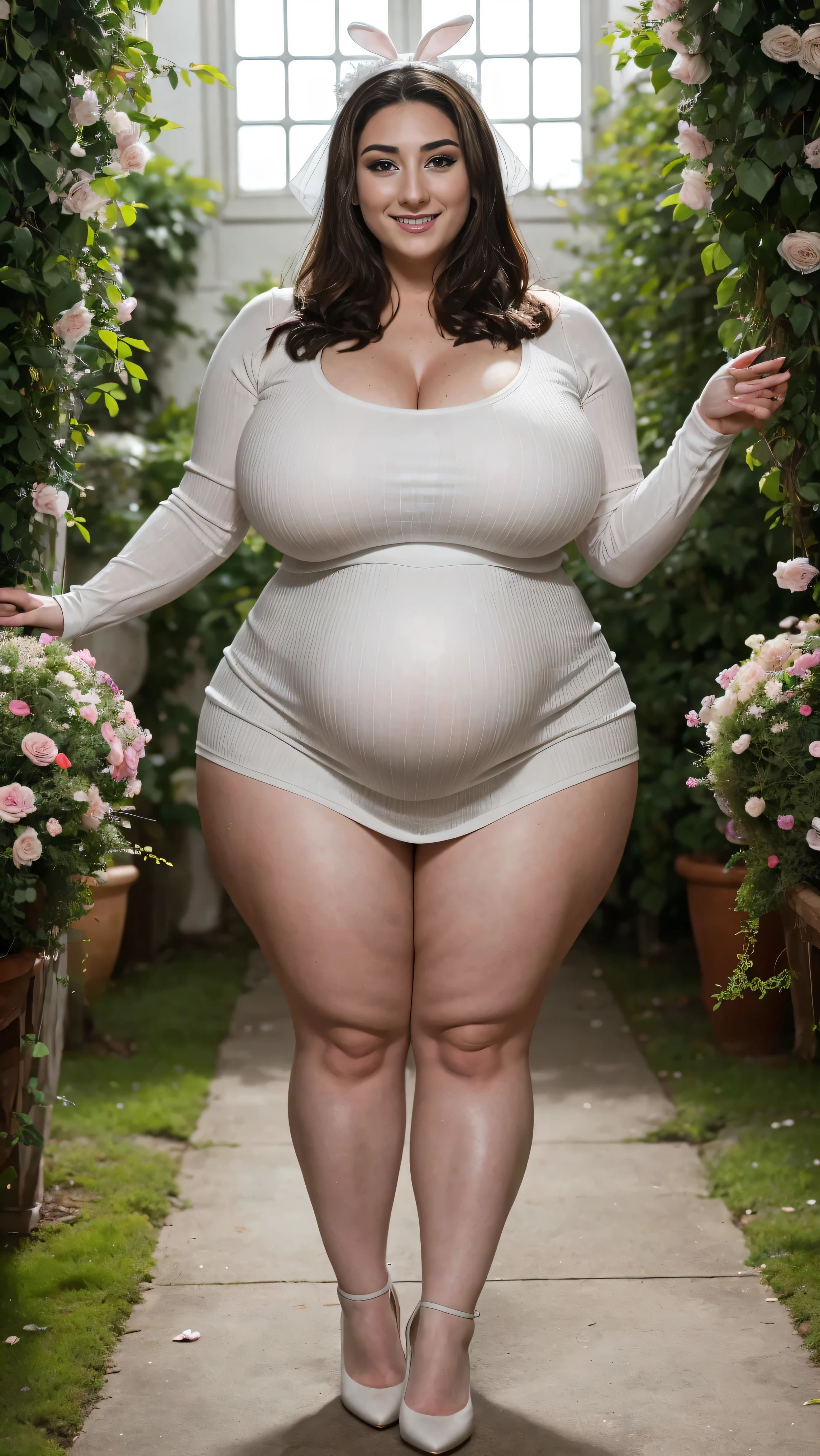 detailed, realism, 4K, 55歳のPregnant women, 顔のdetailed, Big yellow eyes, Fuller lips, nose pointed upwards, Grey hair with pink strands, Wearing a white dress, Rabbit in hand, Background Flowers, White butterfly in the foreground, Realistic shooting, Written boundary depth, Soft Front Light, Shine, High resolution (Calm colors: 1.2), Canon RF 100mm F2.8L Macro ISUSM、Fat girl、Thick waist、Face of a young woman with plump body、Beautiful expression、Big Belly、Full body portrait、High heels、tail、Full body portrait、The whole body is projected, (A sadistic smile of temptation), (Curvaceous), ( 信じられないほど大きなCurvaceousのヒップ), (Very big and voluptuous ass), (Incredibly thick thighs), (Shine肌), (Wet oily skin), Plus Size Model, Stand upright with your legs wide apart, Stand upright with your legs wide apart, Pregnant women,