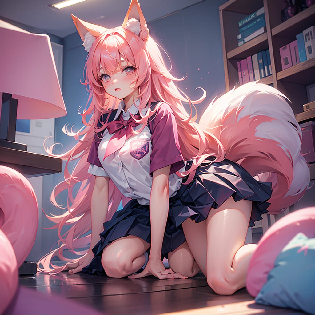 1girl,full body,kneeling on chair,pink hair,bangs,fox ears,school uniform,pink fox tail,
room background,