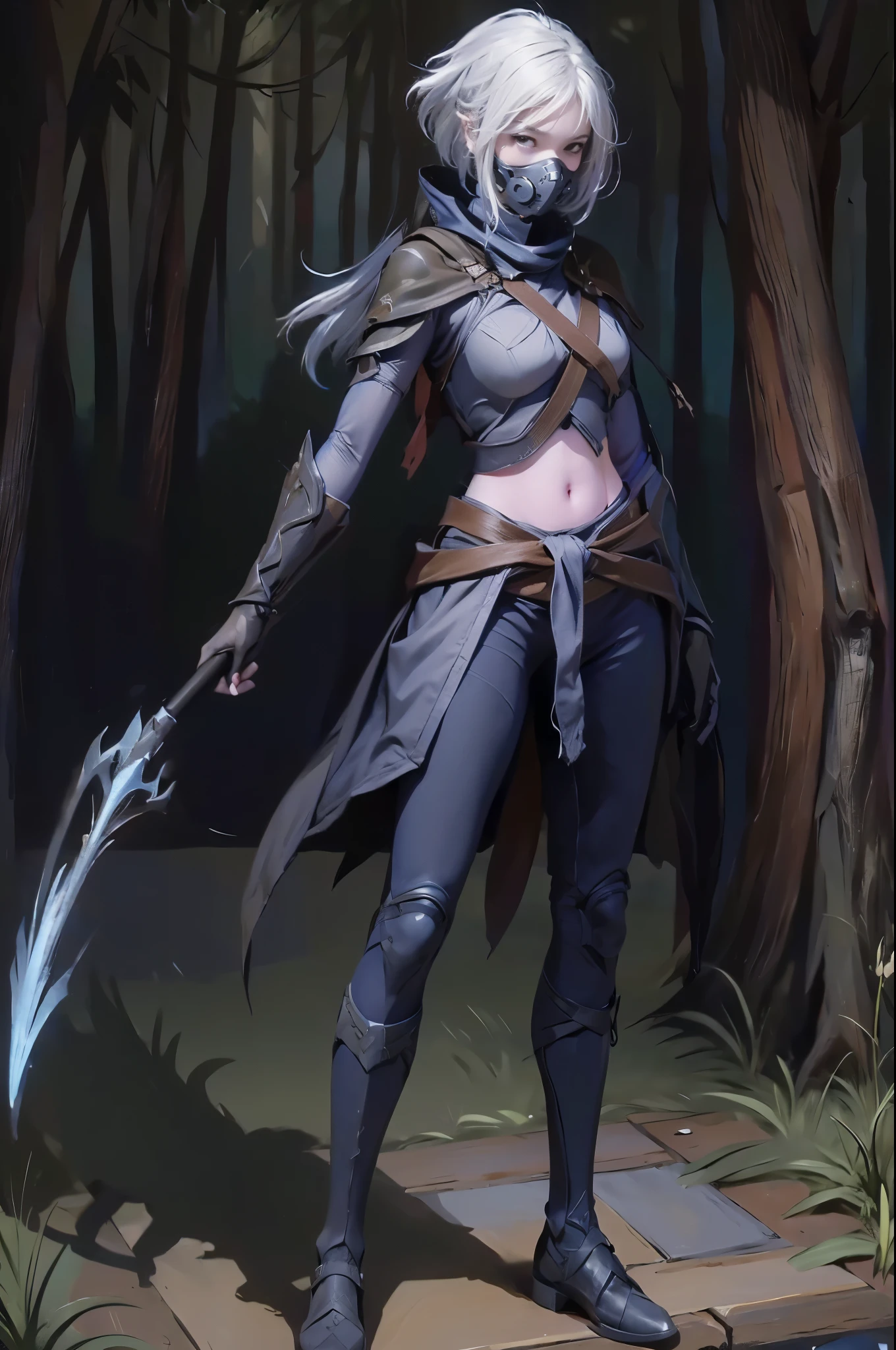 female, ((masterpiece, best quality, ultra detailed, absurdres), girl), (beauty girl), (ultra-high picture quality) ,(ultra realistic,32k, masterpiece:1.2),(high detailed skin:1.1),( high quality:1.1), A cute girl with white hair, bow , from below,chung, full body, attack, short hair, ninja, gas mask