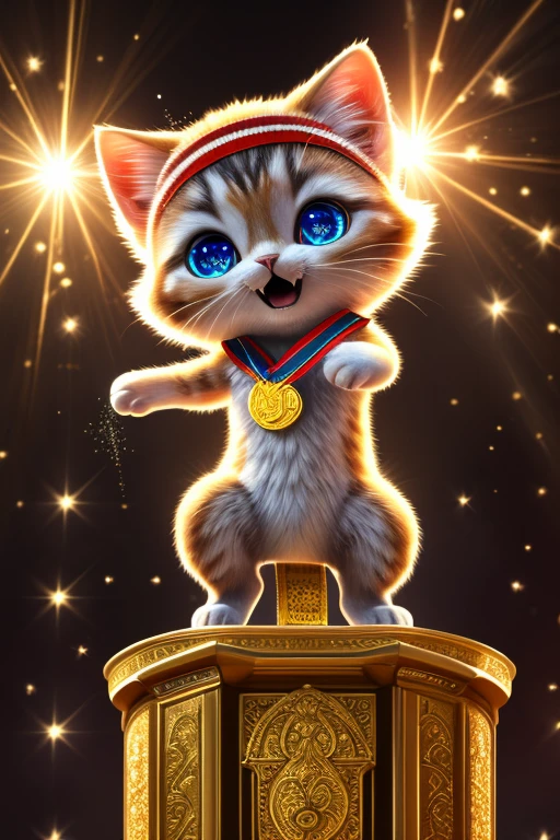 (Highest quality、masterpiece、8k))、Anatomically correct、Very detailed、High resolution、Realistic、((Beautiful, sparkling, detailed eyes))、Intricate details、Cinematic lighting、((Dynamic composition))、kitten、Big head、headband、Guts pose、Expression of joy、Podium、The moment of receiving the award、gold medal、Everybody Wins