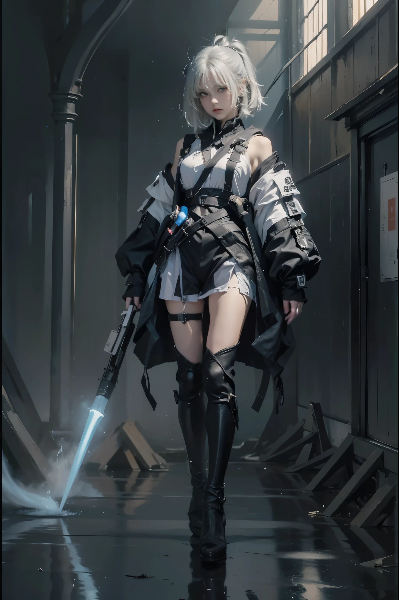female, ((masterpiece, best quality, ultra detailed, absurdres), girl), (beauty girl), (ultra-high picture quality) ,(ultra realistic,32k, masterpiece:1.2),(high detailed skin:1.1),( high quality:1.1), A cute girl with white hair, bow , from below,chung, full body, attack, short hair,