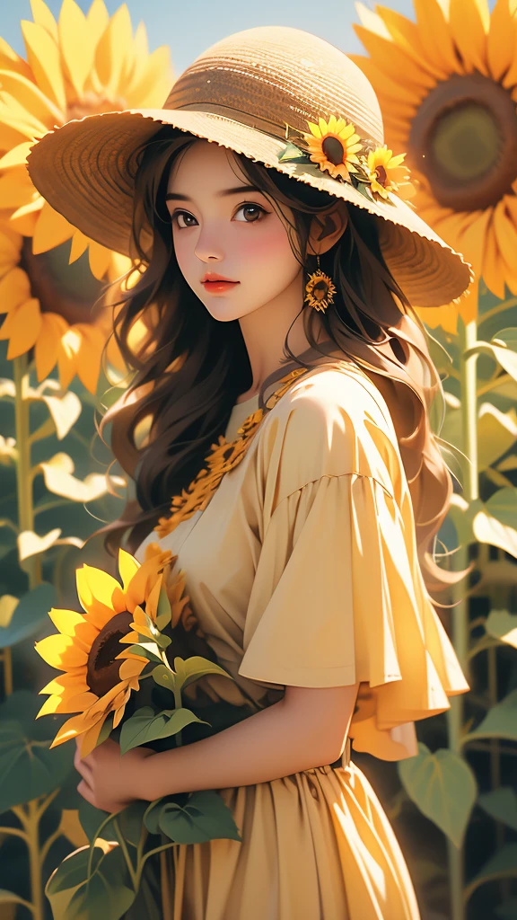 woman with giant sunflower in hat and sunflower hat over brown hair, 1girl, solo, sunflower, hat, flower, blurry background, holding flower, realistic, blurry, brown hair, long hair, looking at viewer