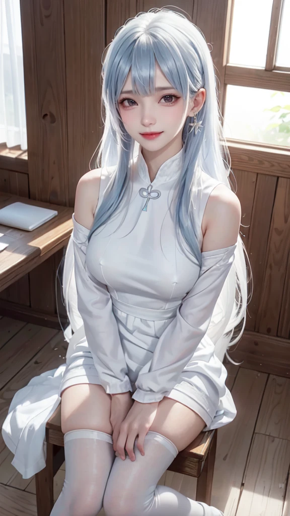 Role details:, - gender: 1 girl.
- style: Japanese cartoons, - body shape: attractive body, slim, beautiful legs, Slim tights, beautiful arms, beautiful shoulders. - Chest: ((small breasts:1,5)), split, nipple.
- facial features: beautiful, Gorgeous, ager, fresh, young.
- Express: open smile, horny, Pink blush on face, sexy eyes, sexy look, sweat, innocent look, drunkenness. - hairstyle: blunt bangs, long hair. - hair color: light blue hair.
- clothing: (White cotton dress:1.5). - body posture: (knee hugging:1.5). - Behavior: wait, want something, secretly.
- Accessories: earrings., environmental details:, - environment: Office room., - lighting: Natural light., - decorate: Modern desk, Chair, window, white curtains, city View. Top view. leave, anime style, ultra high definition, retina, masterpiece, precise, anatomically correct, texture