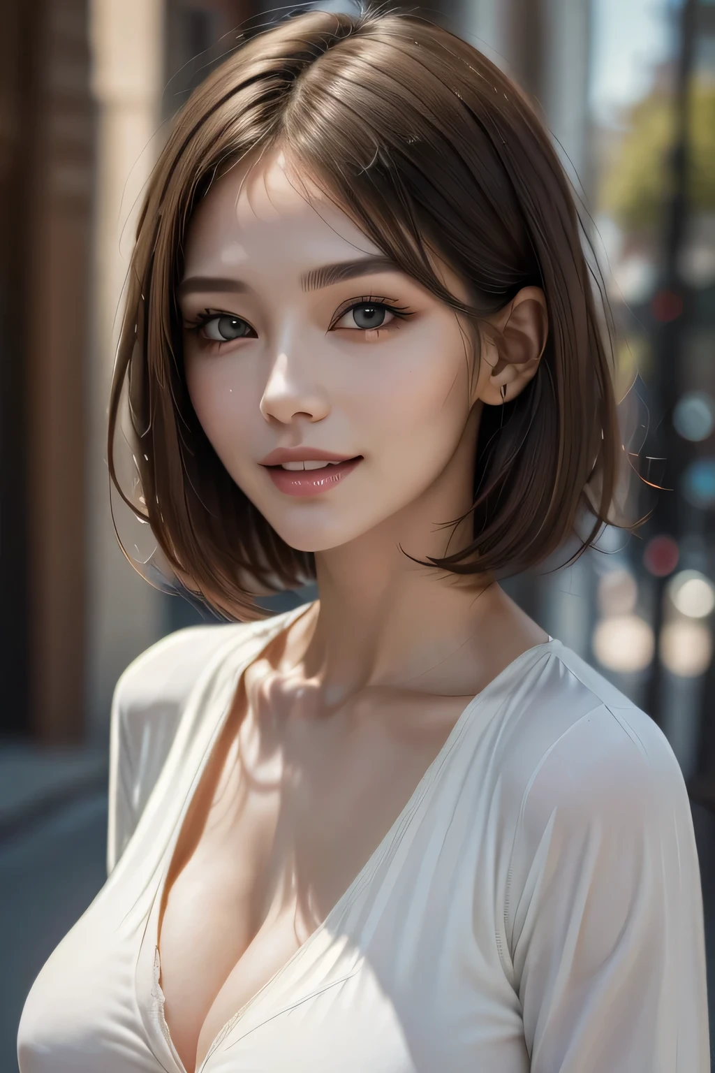 1 Female、40 years、Ultra detailed face、Detailed lips、Detailed eyes、double eyelid, (Medium Short Hair、Huge breasts:1.5)、Summer Sweaters:1.1, ((Highest quality、8k、Photorealistic, masterpiece:1.3))