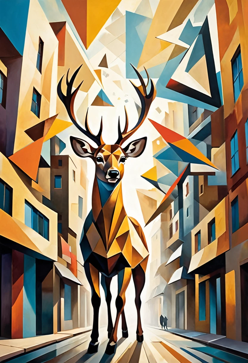 "Visualize a cubist interpretation of a deer head, floating through the sky above a lively and dynamic street. Decompose the shape of the deer head into geometric shapes and fragmented planes, To capture its movement and energy in a unique and abstract way. Integrate golden colors and sharp angles, to convey a feeling of movement and tension. Play with perspective and layering, to create a multidimensional composition, which questions traditional notions of space and form. Be inspired by the avant-garde spirit of Cubism and see nature in a fresh and innovative light.. Unleash your creativity, as you bring this imaginative scene to life on the screen 