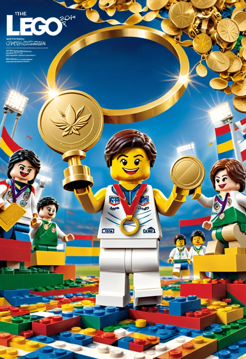 Magazine cover,best quality, very good, 16K, ridiculous, Very detailed, ((,Award-winning moments, Olympic Games, Podium, gold medal)) Award-Winning Moment,Made of Lego,