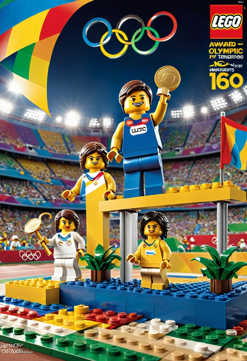 Magazine cover，best quality, very good, 16K, ridiculous, Very detailed, （（,Award-winning moments, Olympic Games, Podium, gold medal）） Award-Winning Moment，Made of Lego,