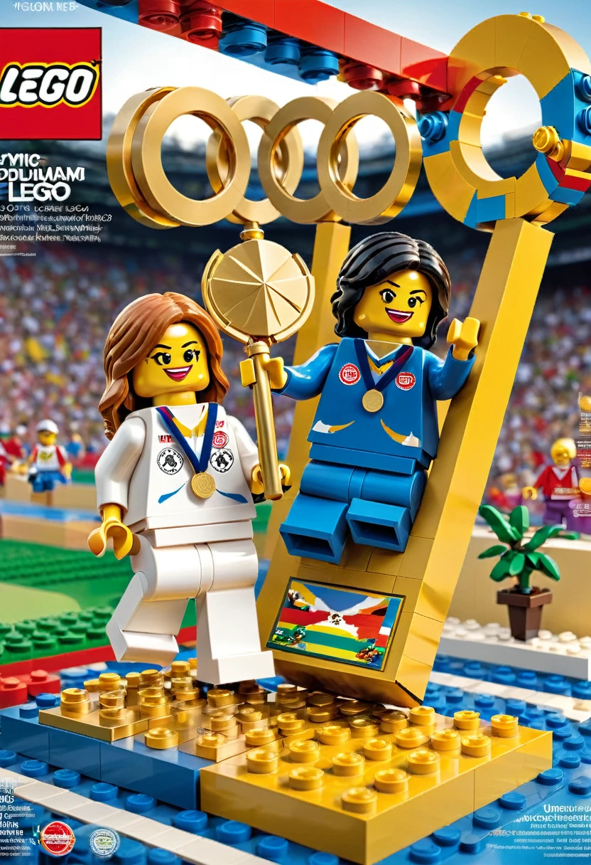 Magazine cover,best quality, very good, 16K, ridiculous, Very detailed, ((,Award-winning moments, Olympic Games, Podium, gold medal)) Award-Winning Moment,Made of Lego,