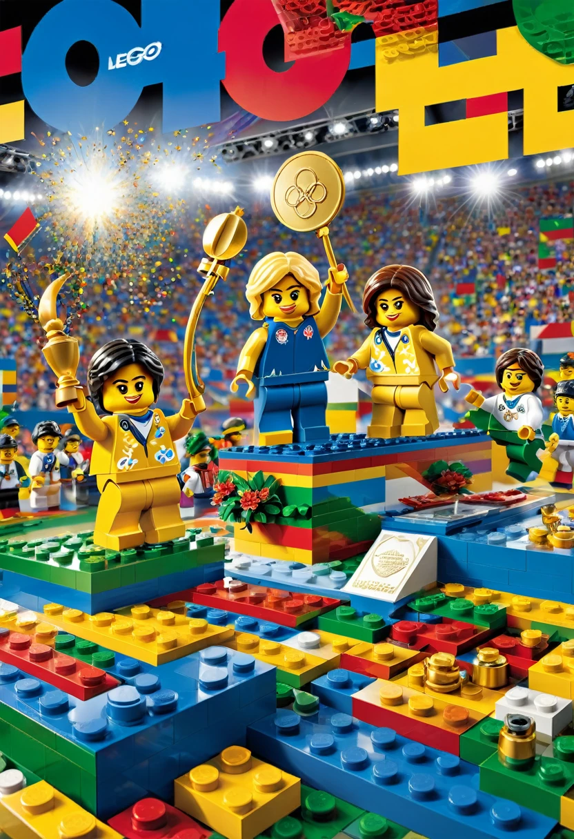Magazine cover,best quality, very good, 16K, ridiculous, Very detailed, ((,Award-winning moments, Olympic Games, Podium, gold medal)) Award-Winning Moment,Made of Lego,