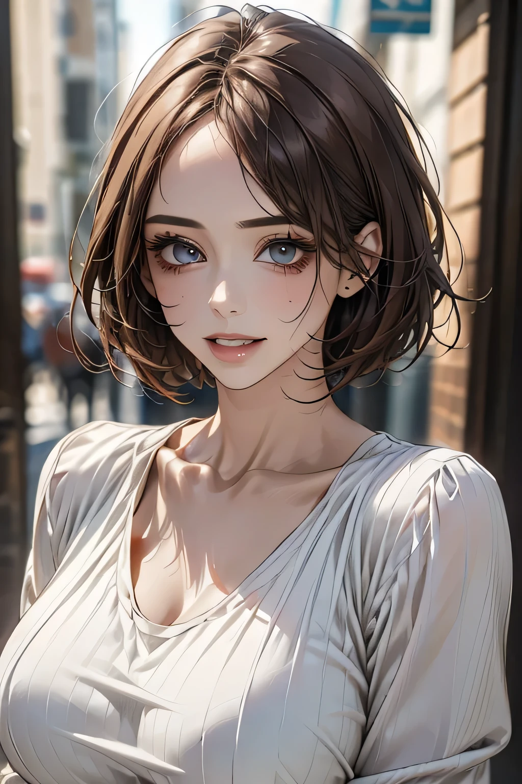 1 Female、40 years、Ultra detailed face、Detailed lips、Detailed eyes、double eyelid, (Medium Short Hair、Huge breasts:1.5)、Summer Sweaters:1.1, ((Highest quality、8k、Photorealistic, masterpiece:1.3))