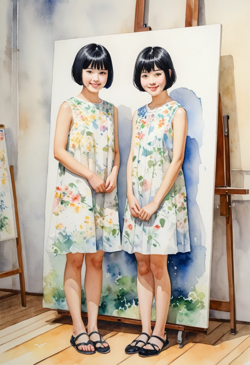 Japanese watercolor painting, flat color, 2girls, twins, summer dress, short straight black hair, standing in the atelier, in front of the canvas, detailed face, innocent gentle smile