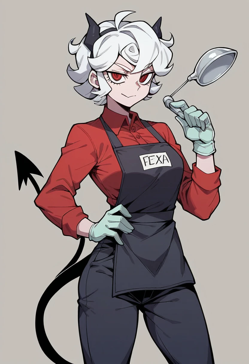 1girl, pandemonica \(helltaker\), ((blue surgical gloves)), (latex gloves), (red shirt), ((long sleeves)), (black apron), (pants), looking at viewer, standing, solo
