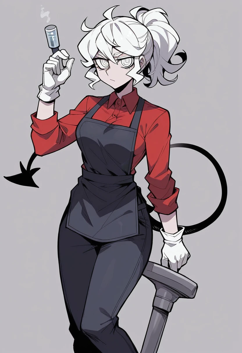 1girl, pandemonica \(helltaker\), ((blue surgical gloves)), (latex gloves), (red shirt), ((long sleeves)), (black apron), (pants), looking at viewer, standing, solo
