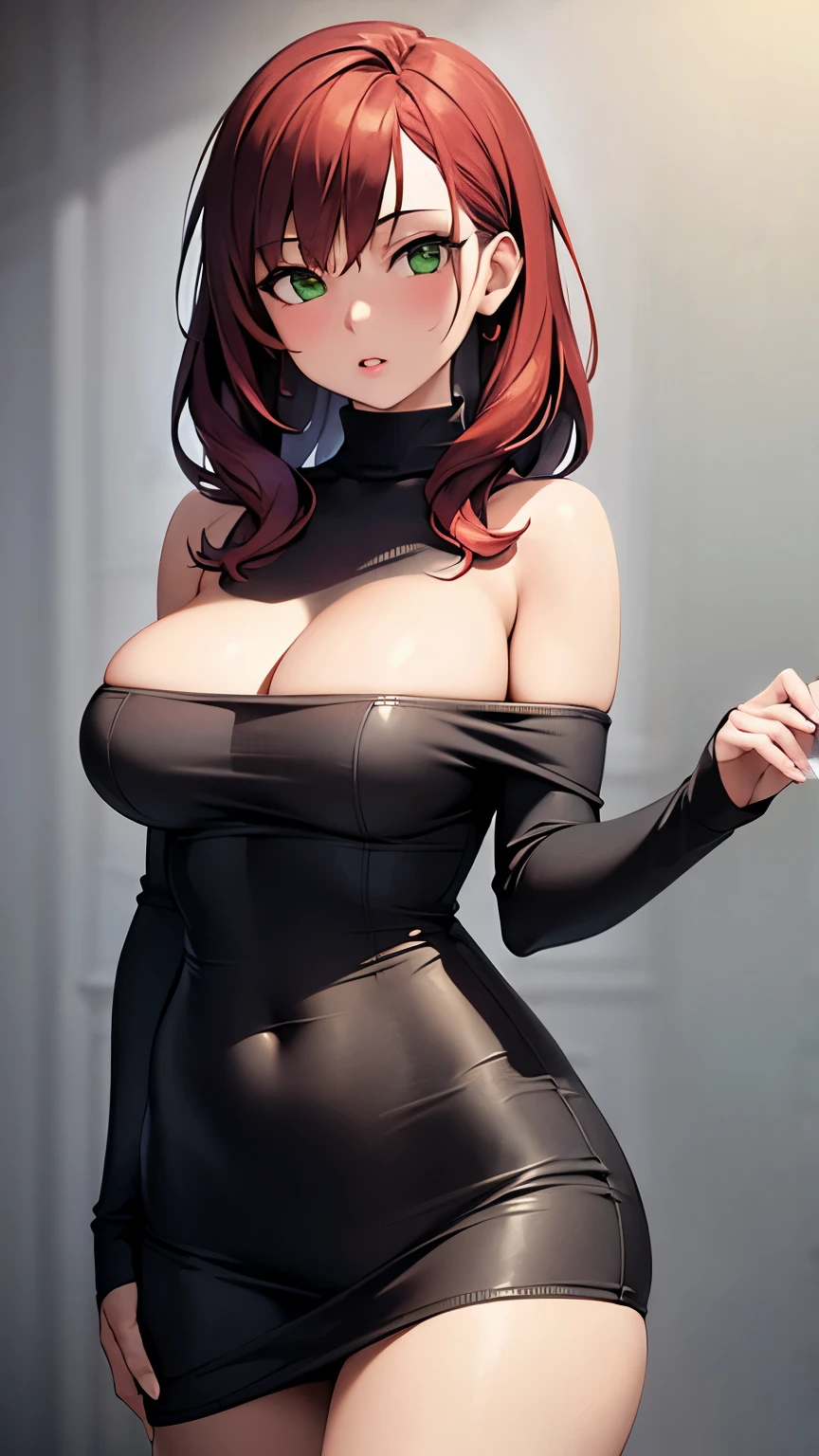 ((Best Quality)), ((masterpiece)), (detailed), 1 girl, off shoulder sweater, , slim waist, green eyes, full lips and reddish hair