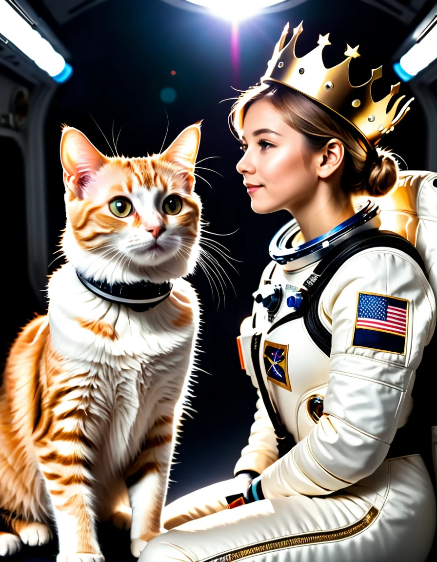 ((photograph)), Two cute cats look at each other, one wearing a crown., space suit, incredible light, dynamic gesture, dynamic camera,Masterpiece, best quality, dark shadow, ((Inside the space station)), Aperture 1.4, Shoot 50 mm., dlsr, Portrait, High quality photographgraphy, 3 points of illumination, Flash with softbox, 4K, canon them r3, HDR, smooth, Sharp focus, high resolution, award winning photograph, 80mm, f2.8, Bokeh negative prompt
, details, realistic, 8k uh, High quality