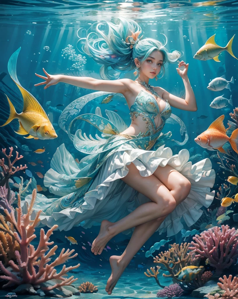 (1girl:1.3), extremely detailed,(fractal art:1.1),(colorful:1.1)(fishes:1.3),highest detailed,(zentangle:1.2), (dynamic pose), (abstract background:1.3), (shiny skin), (many colors:1.4), ,(earrings:1.4),(1girl),masterpiece,ultra-detailed,best quality,absurdres,dappled sunlight,1girl floating underwater,light blue hair,glowing eyes,yellow eyes,a lots of fish around the girl,coral,ocean,floating hair,floating body,looking to the side,seaweed,white dress,bubble,curious face,barefoot