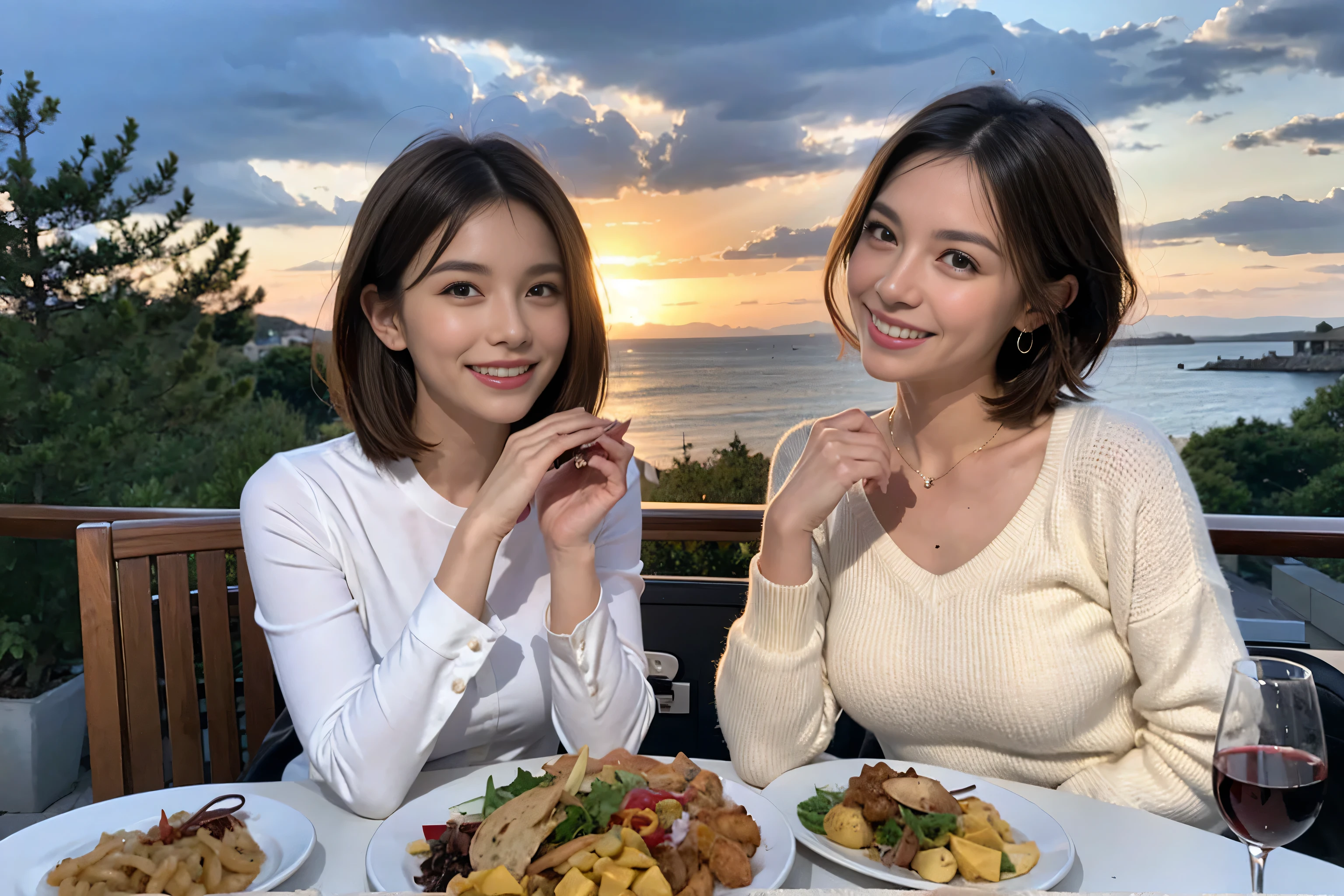 (Realistic:1.1),(masterpiece,Highest quality),8k,(49 years old), 53 years old, slimカップル、Tight waist,Upper Body,full-course dinner、wine 、Amazing view of the sunset sky and clouds、Perfect Anatomy, Brown Hair, short hair,Random Hairstyles,((Highly detailed face and eyes:1.2)),Perfect golden ratio face,Long sleeve shirt、dress,(smile:1.2)、Shortcuts、cute、(Realistic, Intricate details:1.2), A bright smile、short hair,Bright Face、赤wine 、Appetizers、Italian food、wine bottle、Champagne、スパークリングwine、(slimな顔), (The body is slim), (Brown Hair), (Shortcuts), Upper Body, 白wine, slim, wineグラス,