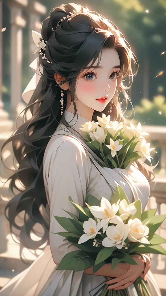 a closeup picture of a woman having a flower bouquet in front of her, 1girl, solo, flower, long hair, blurry, black hair, blurry background, bouquet, holding, upper body