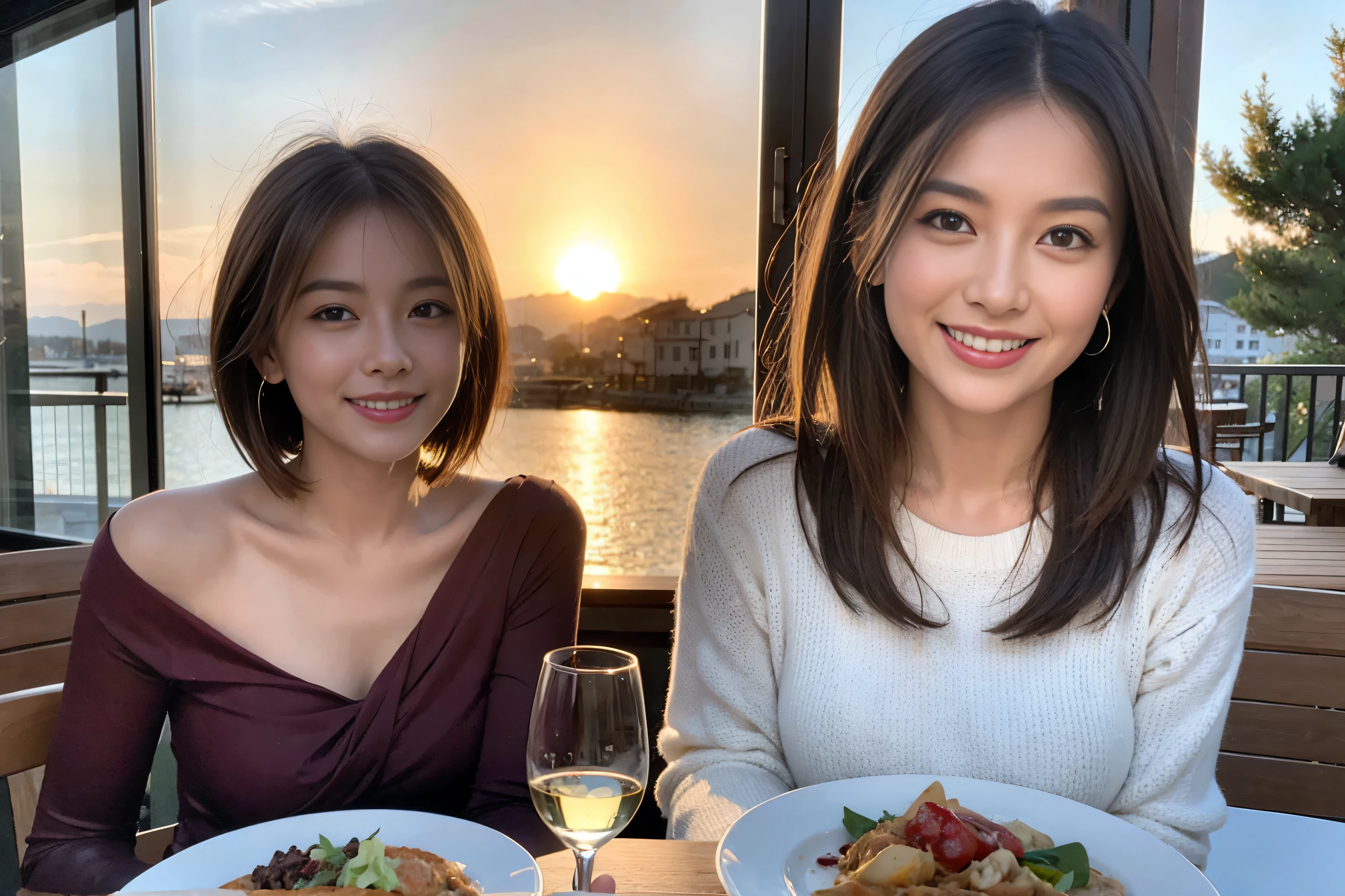 （Realistic:1.1）,(masterpiece,Highest quality)，8k,(49 years old), 50 years old, slimカップル、Tight waist,Upper Body,full-course dinner、wine 、Amazing view of the sunset sky and clouds、Perfect Anatomy, Brown Hair, short hair,Random Hairstyles,((Highly detailed face and eyes:1.2))，Perfect golden ratio face，Long sleeve shirt、dress,(smile:1.2)、Shortcuts、cute、(Realistic, Intricate details:1.2), A bright smile、short hair,Bright Face、赤wine 、Appetizers、Italian food、wine bottle、Champagne、スパークリングwine、(slimな顔), (The body is slim), (Brown Hair), (Shortcuts),  Upper Body, 白wine, slim, wineグラス, 