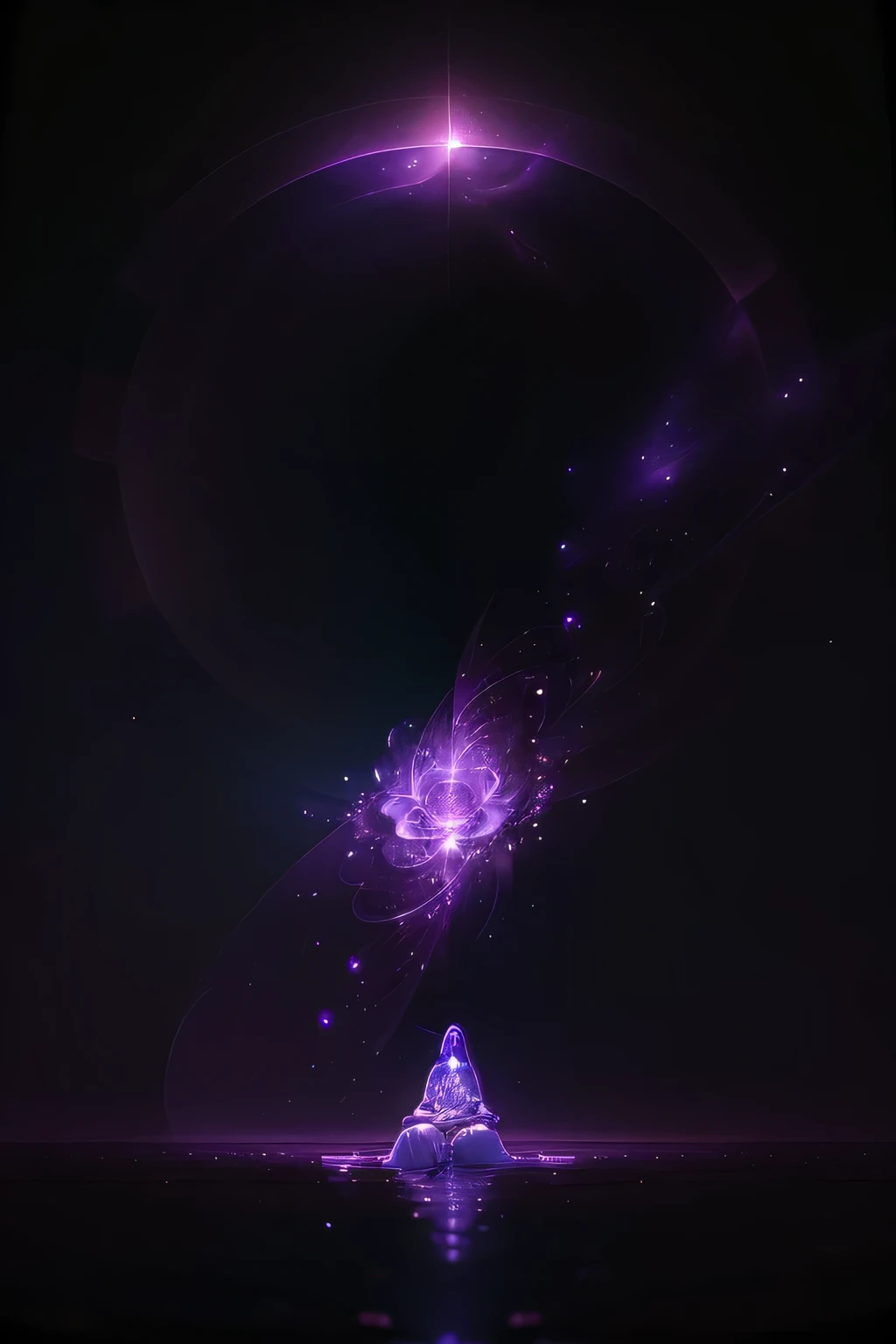 In this 8K high-definition image, we find ourselves in a celestial realm, bathed in soft purple lights that emanate a sense of tranquility and mystery. The background is a vast expanse of stars, swirling nebulae, and ancient cosmic structures, reminiscent of mythological lore. The foreground focuses on a figure in deep meditation, seated cross-legged on a lotus flower, surrounded by mystical auras.
The figure, gracefully adorned in traditional robes, is enveloped by wisps of purple light that seem to dance around them. Their long, flowing hair, silver as moonlight, is tied back, revealing the delicate