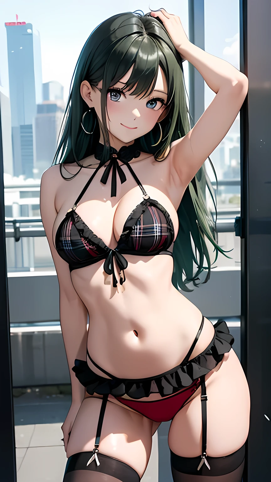 masterpiece,Ultra-high resolution、Highest quality、Sexy pose、Green Hair、Long Hair:1.2, Pink Eyes, smile、Tilt your head、Big earrings:1.5,、Model walking、Small breasts、the body is slim、Tight waist、Spread your legs,Cowboy Shot、Halter neckline edged with black ruffles、Black tartan check pattern ultra mini bikini skirt、Red panties、Knee socks、Underwear Focus