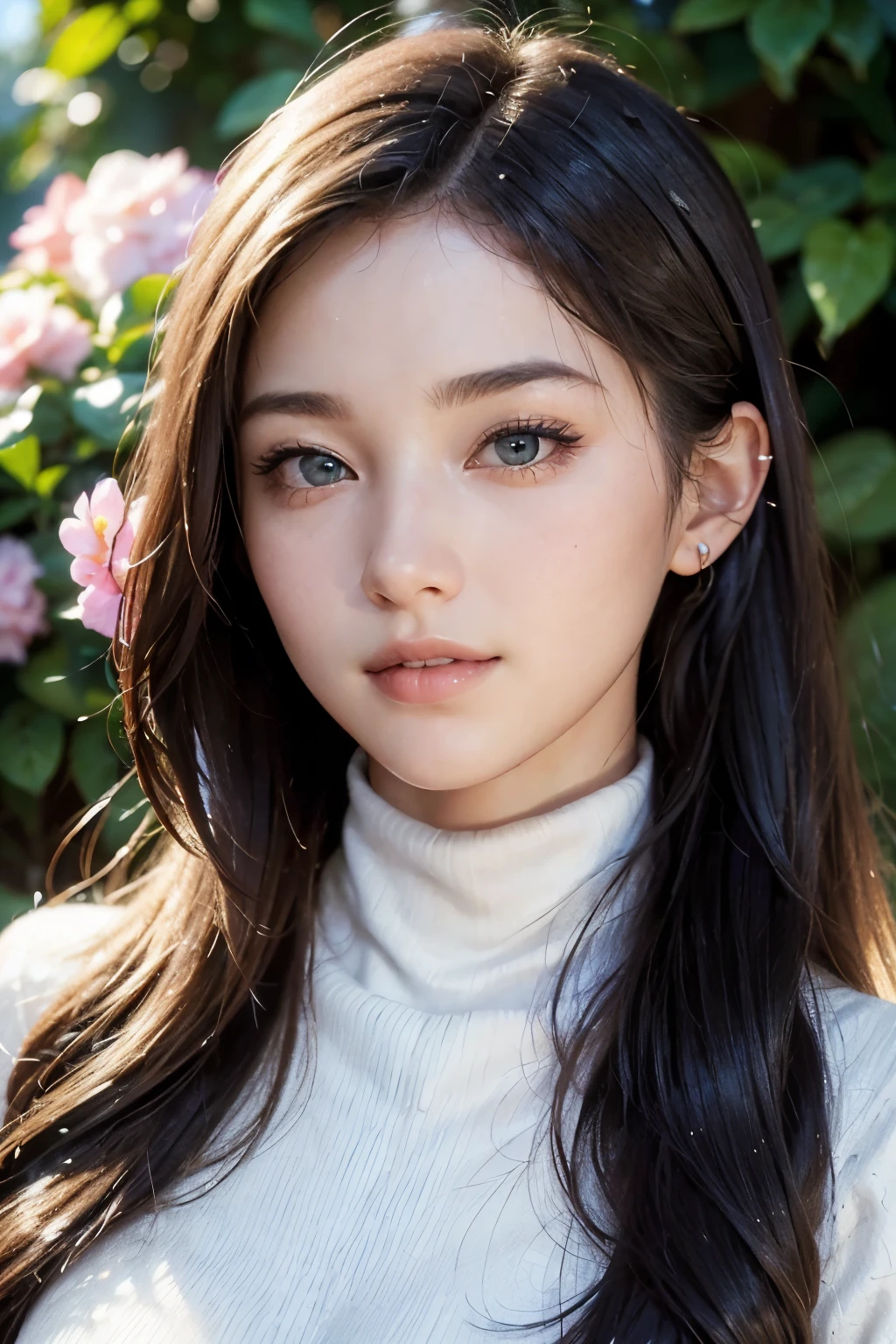 masterpiece,DSLR Photography,analog style,Nikon D5,real photo,Photo of a beautiful 20-year-old woman,dramatic lighting (85mm),With a flowery garden in the background,(detailed facial features),(Detailed sparkling eyes),dynamic angle,Michelangelo style,long hair,turtleneck sweater,smiley face:1.4,