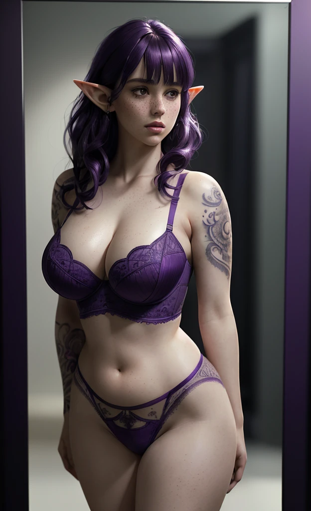(masterpiece), (extremely intricate:1.3), (realistic), freckles, pale skin, (wavy dark purple hair with bangs and a fringe:1.2), (elf ears:1.1), portrait of a girl, short and curvy body type, thick, (enormous perfect :1.2), heaving bosom, waist, wide hips, thick thighs, the most beautiful in the world, (sexy lingeri detailed textures, (tattooed arms), natural beauty, in a fashion boutique changing room, posing in the mirror, professional photograph of a stunning woman detailed, looking at the camera, seductive stare, detailed eyes, sharp focus, dramatic, award winning, cinematic lighting, octane render unreal engine, volumetrics dtx, (film grain, blurry background, blurry foreground, bokeh, depth of field, motion blur:1.3)