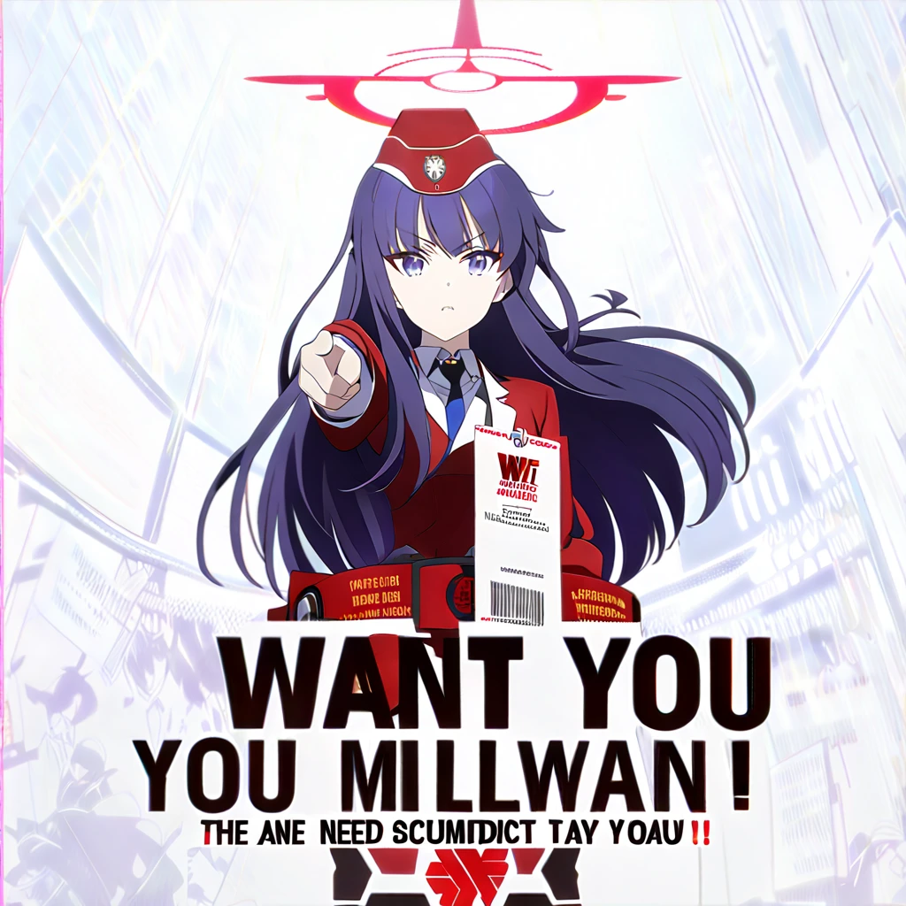 From《Blue Files》Dynamic、Vibrant anime-style Hayase Yuka image, Looks confident and determined, Pointing forward in the style of a "We Need You" recruitment poster. She wears unique, The background is the emblem of Millennium Science School. The text at the top reads "Millennium School Needs You",The text at the bottom reads "Join the mission today!'