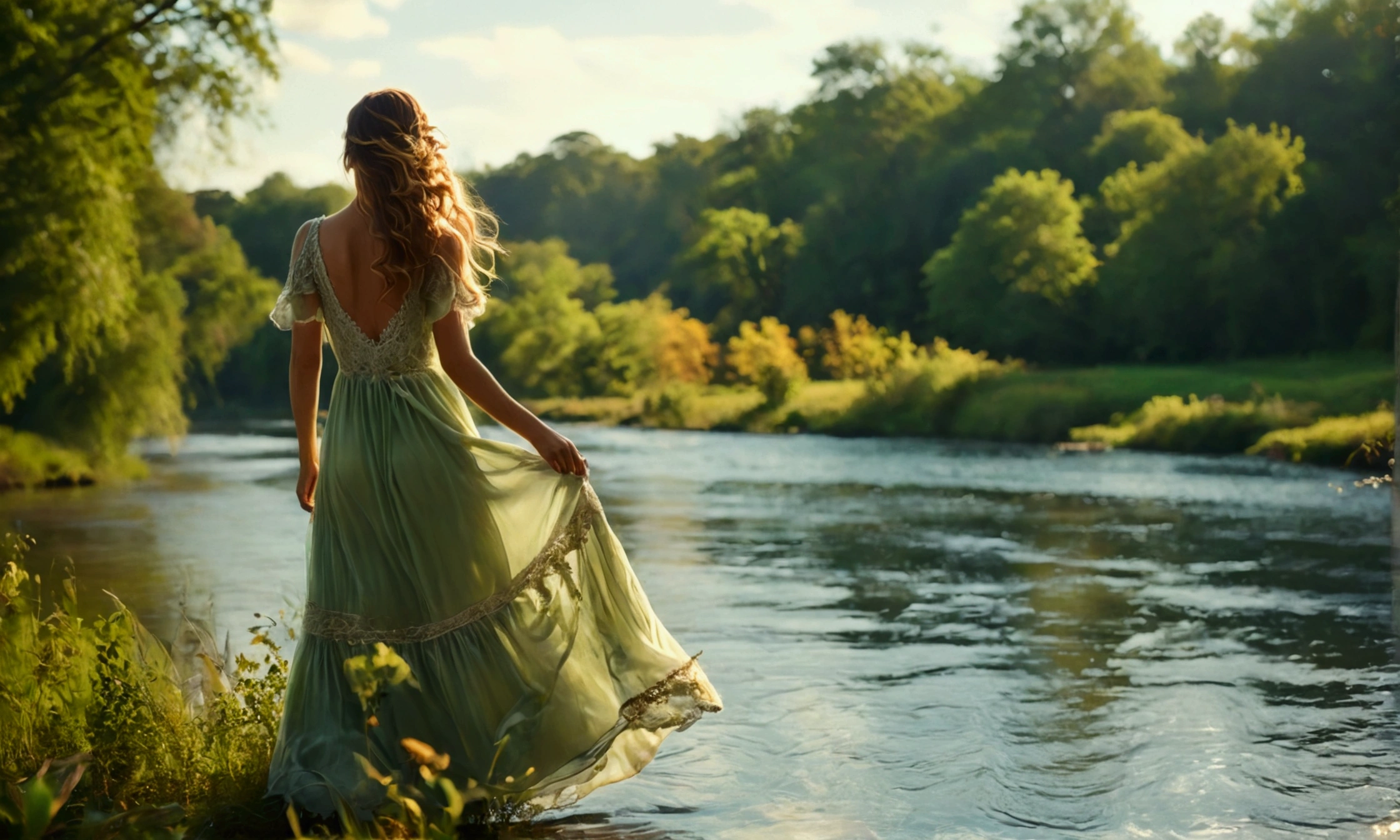 A beautiful female model posing by a tranquil river, wearing a flowing, light green dress with delicate lace details. The dress billows slightly in the gentle breeze. She stands barefoot on the grassy riverbank, one hand delicately holding the hem of her dress, and the other lightly touching her flowing hair. The river’s surface reflects the golden hues of the setting sun, casting a warm glow over the scene. Lush, verdant trees frame the river, their leaves gently rustling in the breeze. The background features a clear blue sky with a few wispy clouds. The scene is captured in ultra-high definition, with vibrant colors and soft lighting, creating a serene and peaceful mood. [Hyperrealistic, cinematic photography, high depth of field, ultra-detailed, 4K resolution].