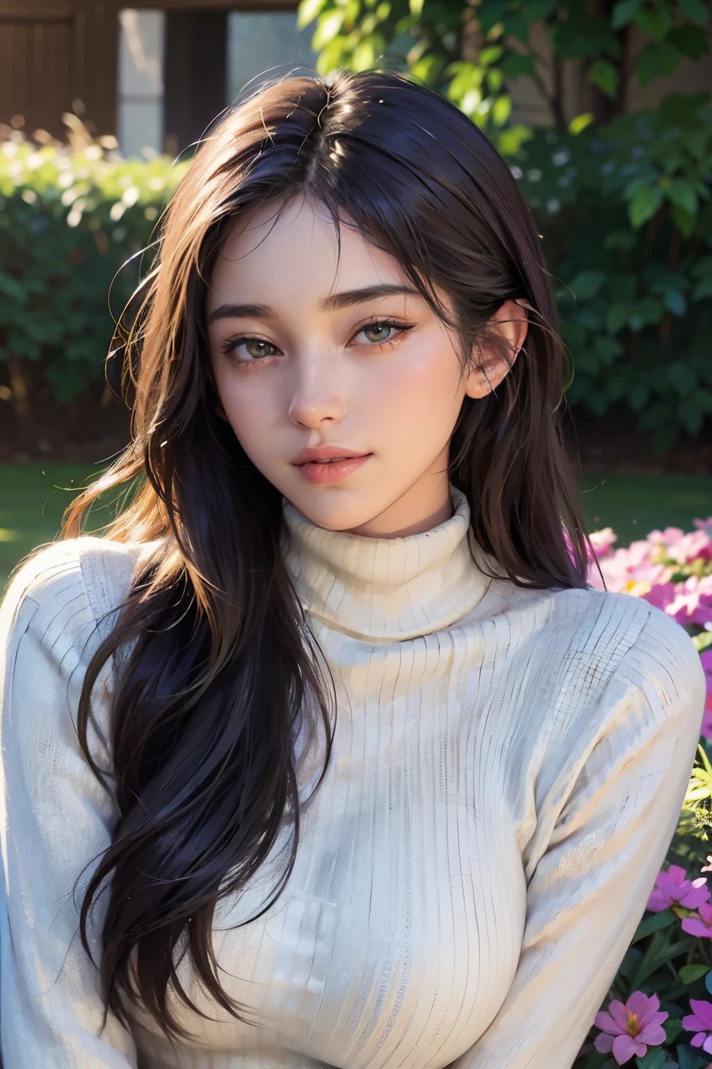masterpiece,DSLR Photography,analog style,Nikon D5,real photo,Photo of a beautiful 20-year-old woman,dramatic lighting (85mm),With a flowery garden in the background,(detailed facial features),(Detailed sparkling eyes),dynamic angle,Michelangelo style,long hair,turtleneck sweater,smiley face:1.4,