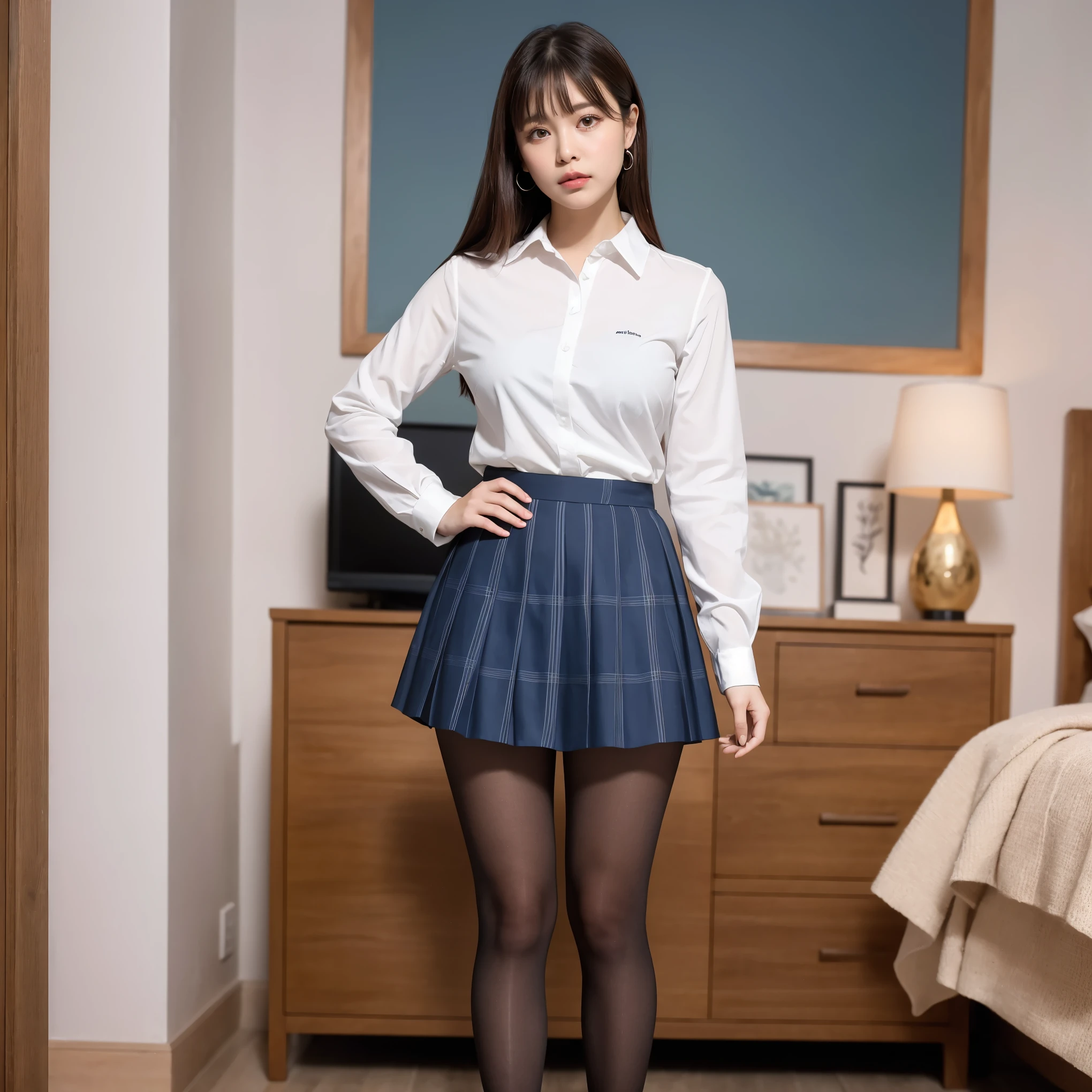 (((8k、High resolution、Highest quality、High resolution)))alone、Natural body shape、White skin、Natural Makeup、((Black Hair、bangs、Straight Long Hair))、((()))、squat、(:1.4)、(())、(((((Full body photo)))))、(((Looking into the camera)))、(((Wear a uniform on the upper body)))、Bedroom、(((Of high school))) 、((white collared long sleeve blouse))、((Beige cardigan))、((Pleated skirt with dark blue plaid pattern、mini skirt、Ultra-realistic pantyhose))、、、Expressionless、((Exposing your thighs)), Beautiful mature woman