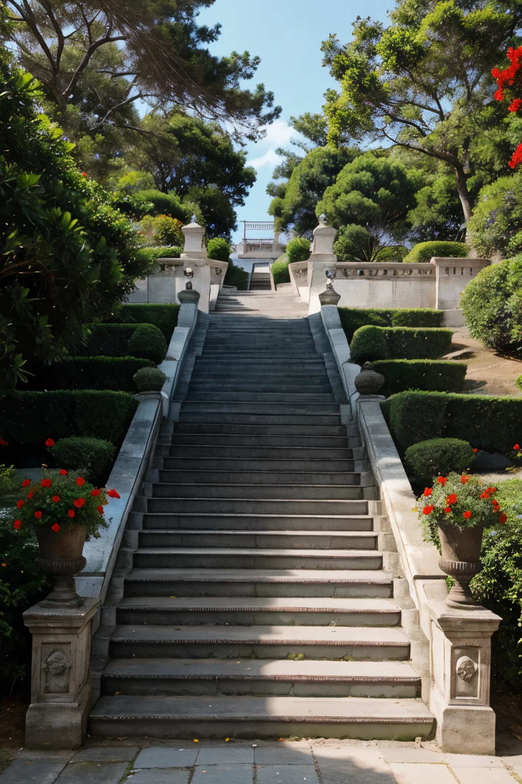 Stairs to the blue sea, on the stairs are ornate trees with large red flowers