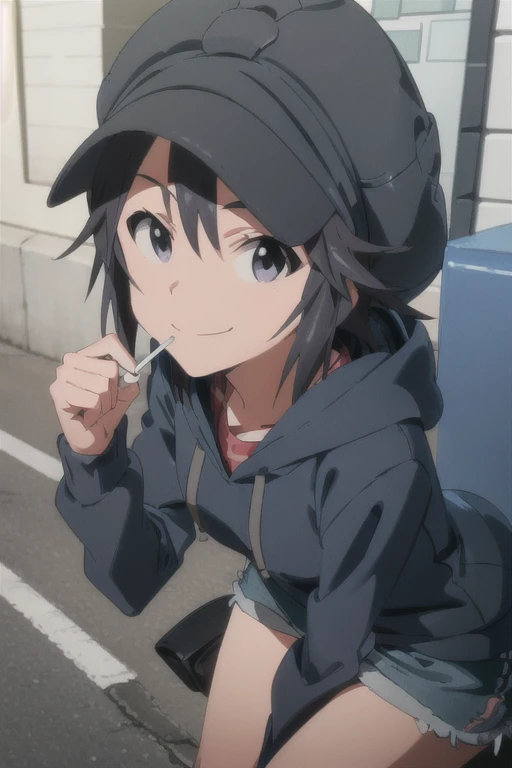 (((pixel-perfect, detail-perfect))), solo, 1girl, makoto kikuchi, cassette hat gray, grey hoodie, short shorts, sneakers, looking at viewer, cigarette on mouth, smile, long sleeves