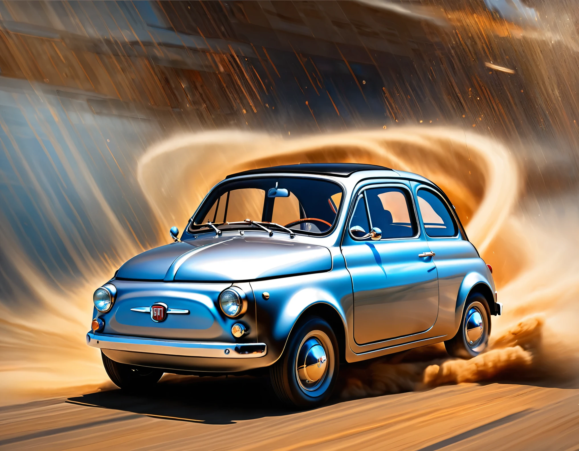 masterpiece,Highest quality,(Ultra Detailed CG Unity 8k Wallpaper),(Highest quality),(Best illustrations),(Best Shadow),Physical Rendering,Realistic lighting,Beautiful sparkle,Ultra-fine painting,Narrow your focus,(A time machine made from a worn out metallic silver Fiat 500:1.3),(Detailed depiction of a car-type time machine:1.3),(Cut through space-time at breakneck speed and transcend time:1.6),(Depicting a sense of speed:1.6),(The background depicts the effect of crossing time and space.:1.6),(dynamic)