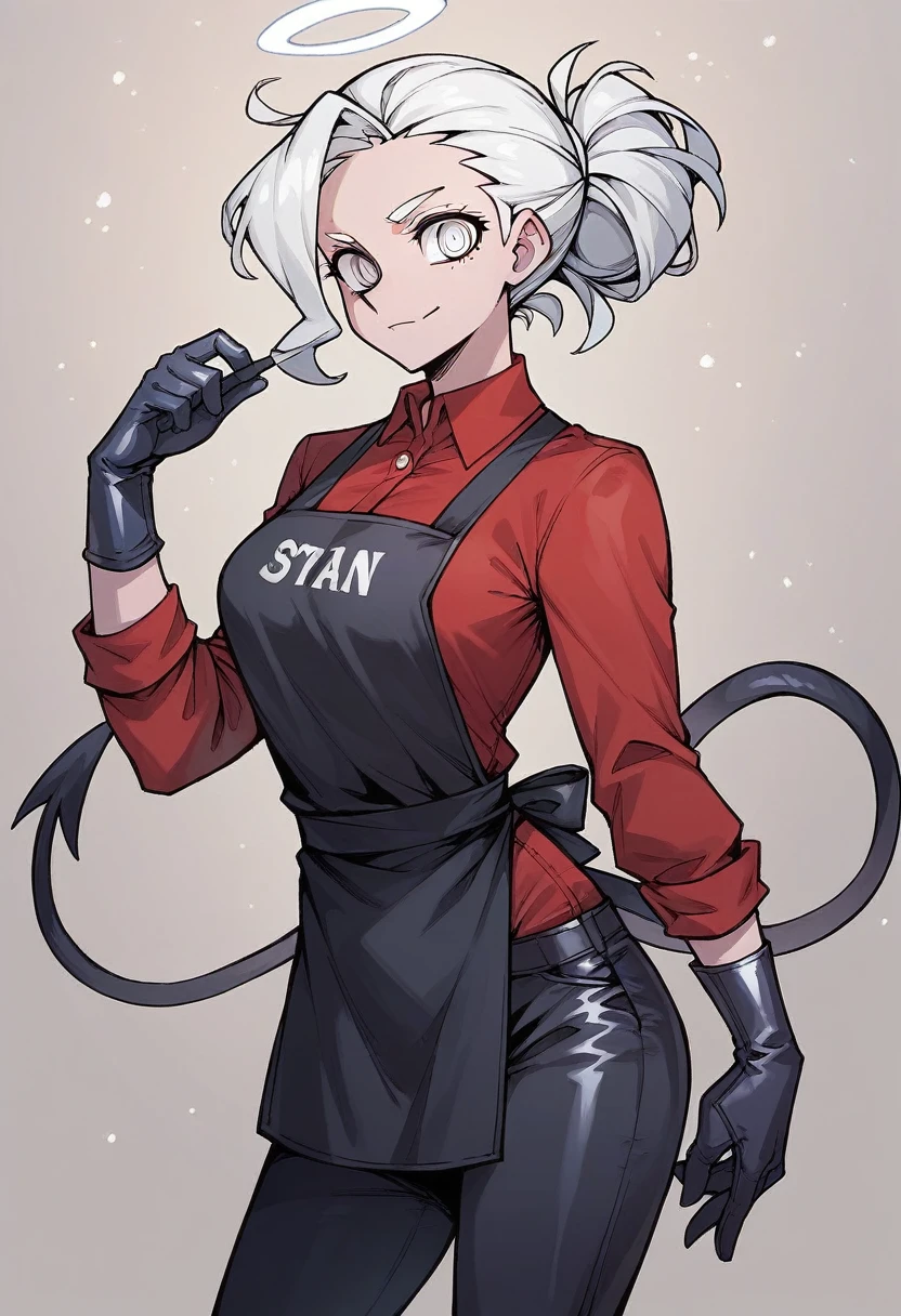 1girl, angel \(helltaker\), ((blue latesx gloves)), (latex gloves), (red shirt), ((long sleeves)), (black apron), (pants), looking at viewer, standing, solo
