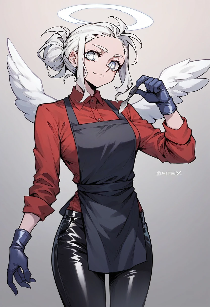 1girl, angel \(helltaker\), ((blue latesx gloves)), (latex gloves), (red shirt), ((long sleeves)), (black apron), (pants), looking at viewer, standing, solo