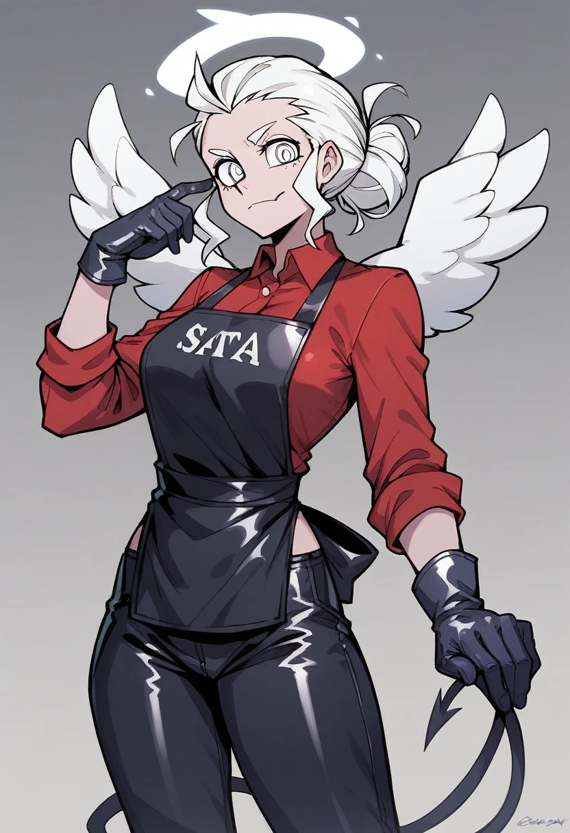 1girl, angel \(helltaker\), ((blue latesx gloves)), (latex gloves), (red shirt), ((long sleeves)), (black apron), (pants), looking at viewer, standing, solo