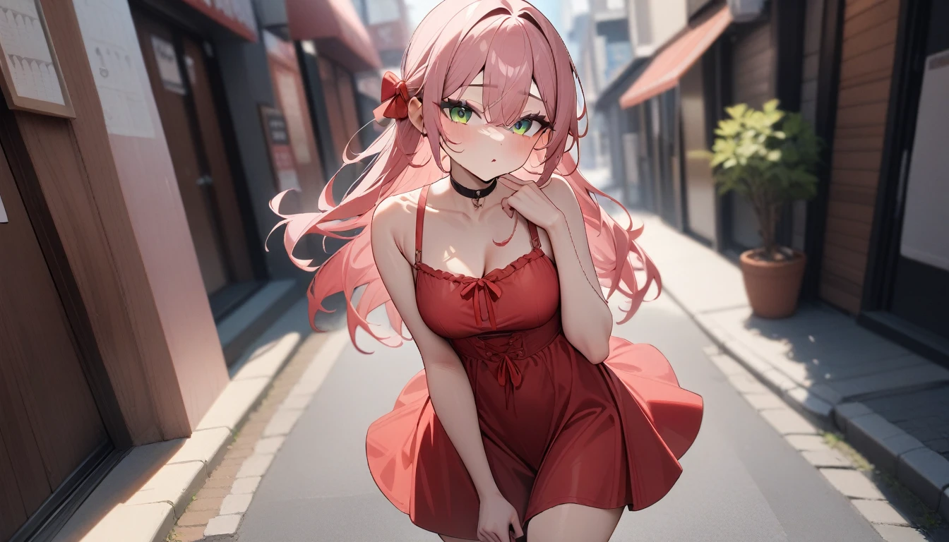 1girl,22 years old,long pink hair,red summer dress,green eyes,medium breast,empty street,loking the viewer ,masterpiece,very aesthetic,newest,sensitive