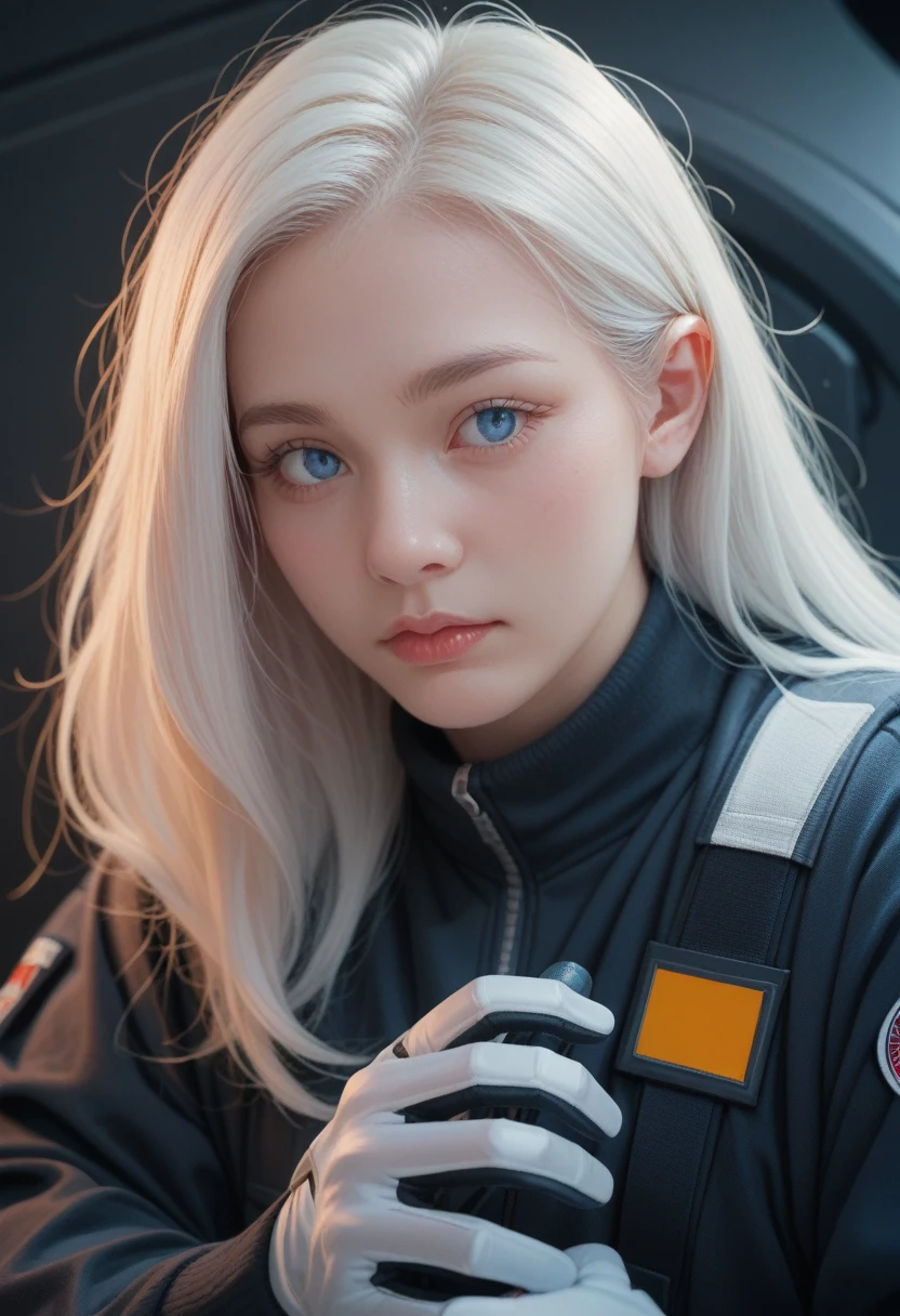 woman ,Golden-white hair,blue eyes,,,Black space suit