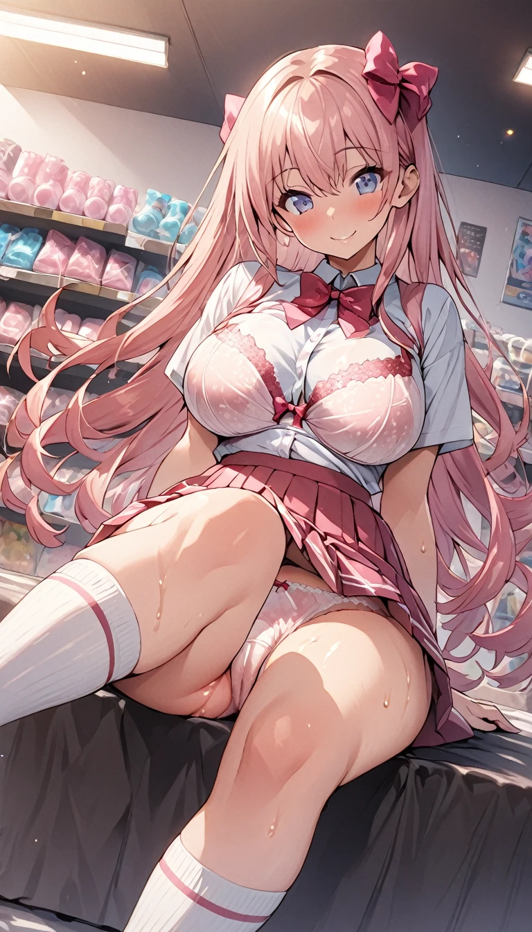 beautiful girl、、Porn Toy Store、Girly Fashion、Pleated skirt、Knee socks、Highest quality, smile,Sit with your legs apart、big 、Thick thighs、girly panties、Girly Bra、Sweaty buttocks、Sweaty crotch、Low - Angle、Cowboy Shot、big Breasts