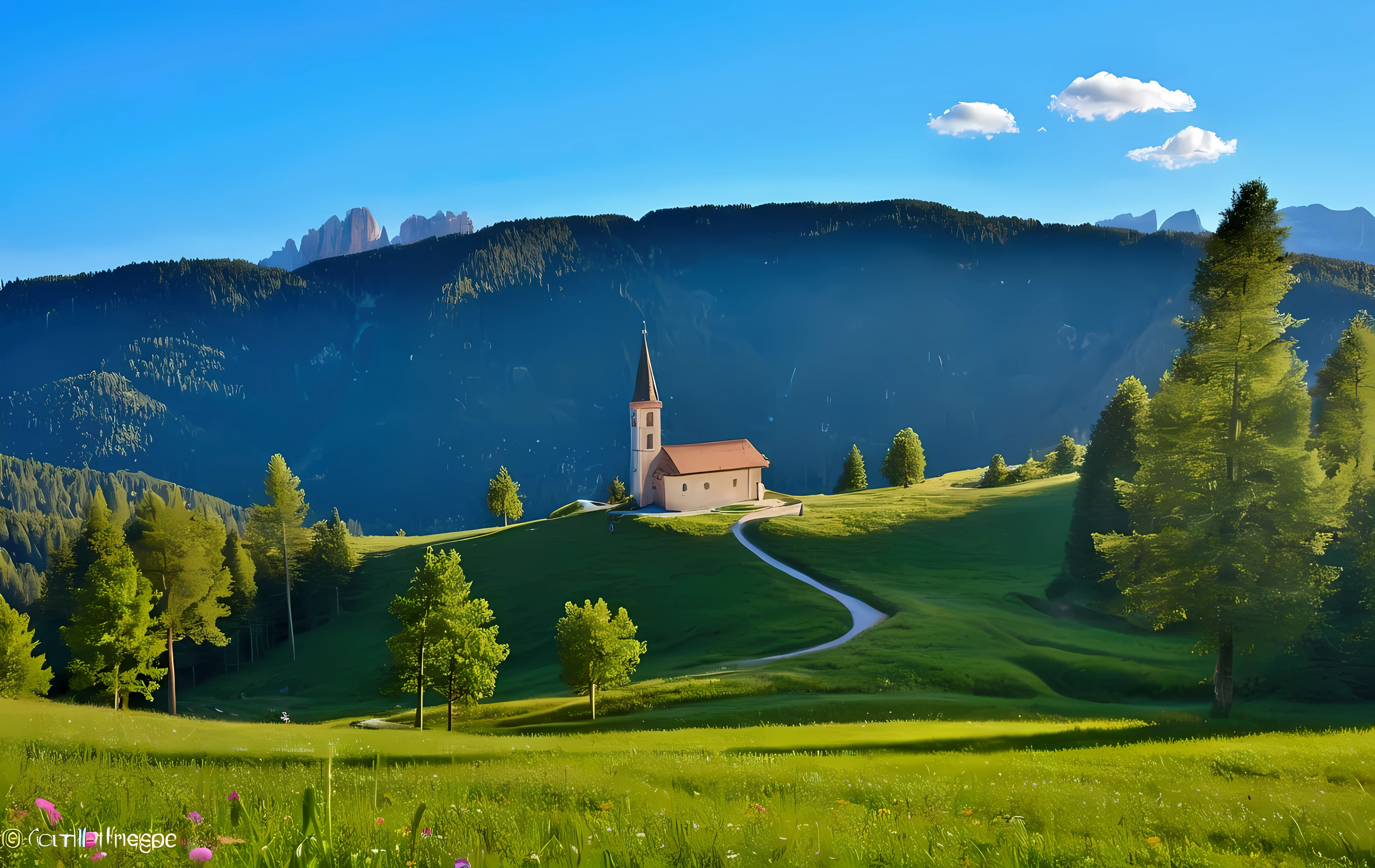 Alafed Church on the hill。In the foreground there is a winding path。, in the Dolomites, summer morning light, Church in the Forest, Heaven on Earth, Franz Hege, In a scenic environment, Carl Gersner, Detailed local information, Dolomites, beautiful place, Church in the background, bright summer day, Johannes Martini, Beautiful sunny day