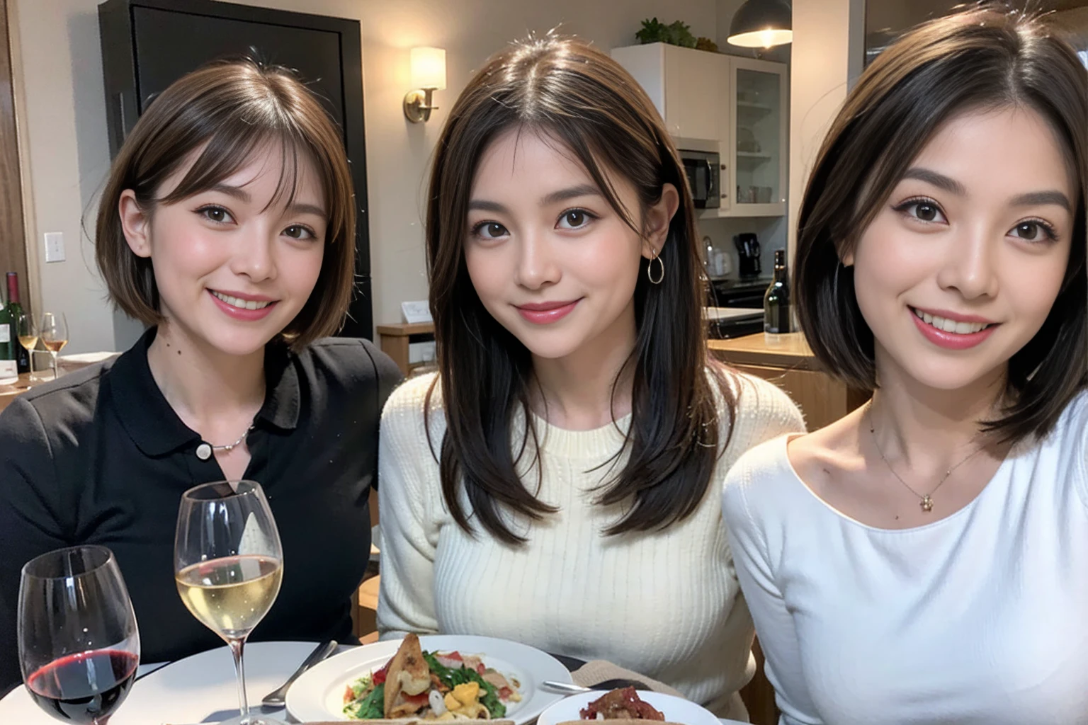 (Realistic:1.1),(masterpiece,Highest quality),8k,(49 years old), 53 years old, slimカップル、Tight waist,Upper Body,full-course dinner、wine 、Amazing view of the sunset sky and clouds、Perfect Anatomy, Brown Hair, short hair,Random Hairstyles,((Highly detailed face and eyes:1.2)),Perfect golden ratio face,Long sleeve shirt、dress,(smile:1.2)、Shortcuts、cute、(Realistic, Intricate details:1.2), A bright smile、short hair,Bright Face、赤wine 、Appetizers、Italian food、wine bottle、Champagne、スパークリングwine、(slimな顔), (The body is slim), (Brown Hair), (Shortcuts), Upper Body, 白wine, slim, wineグラス,