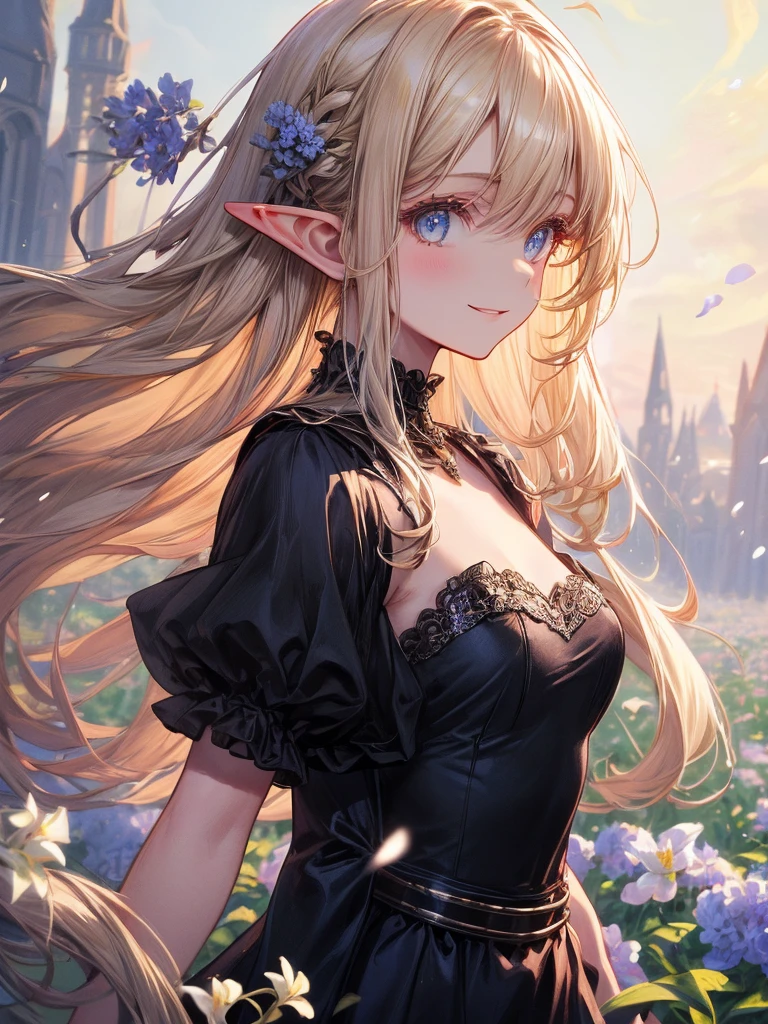 art by Cornflower,(master piece),(4k),high quality,(perfect anatomy),flat chest,((1girl)),(solo),elf,long blonde hair,pale skin,beautiful detailed blue eyes, (Highly detailed elegant),(medival dress),Detailed skin,Add a dramatic and symbolic element to your scene, Silky to the touch, Hyper Detail,romantic,captivating smile, looking at viewer, (rich and colorful),(walking through a field of white flowers),The tranquil and dreamy atmosphere gives the whole scene warm and charming temperament,(sideways glance),from side,film lighting