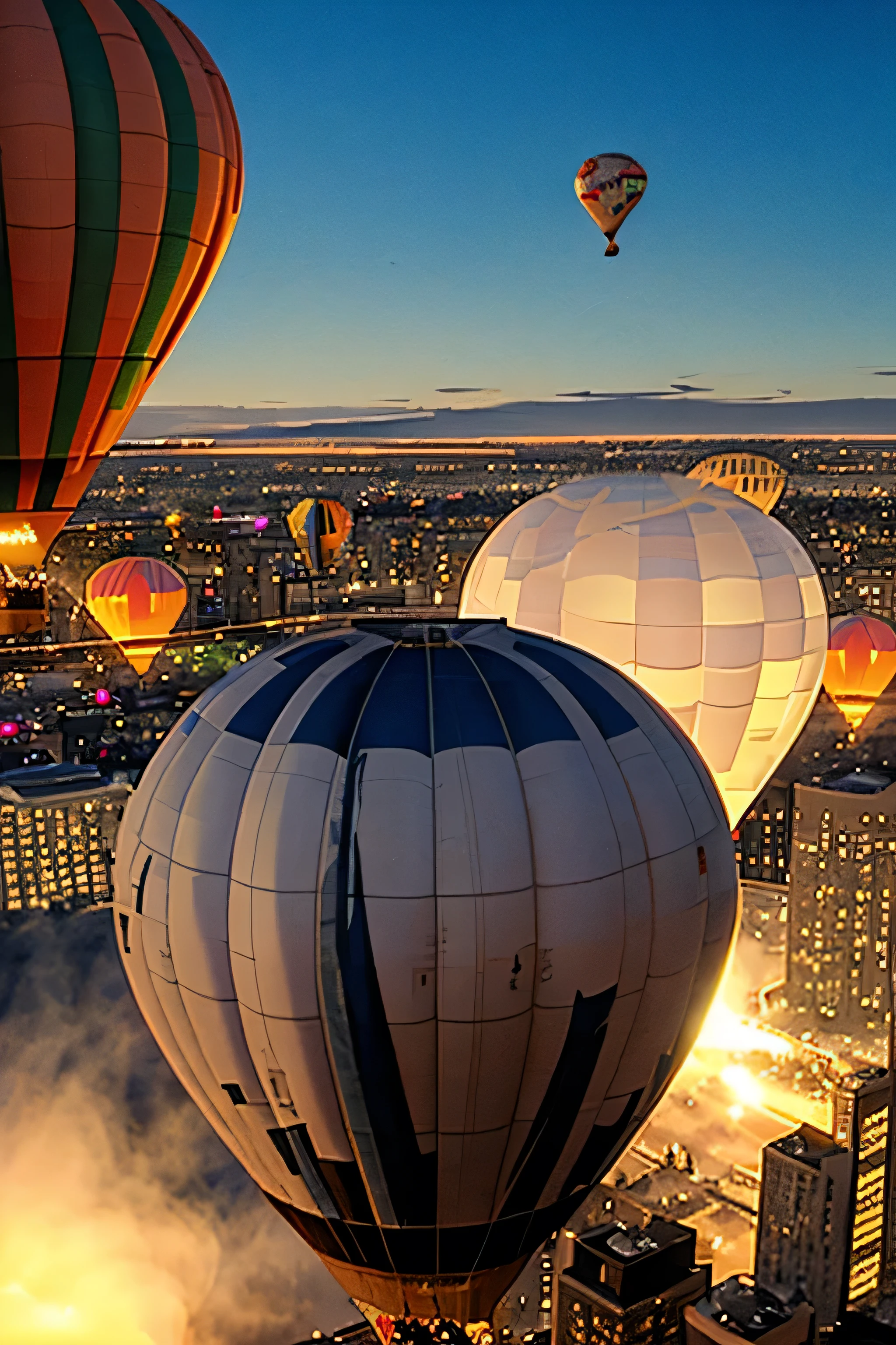 arafed balloon flying over a city at night with a light on, a picture by Christo, flickr, conceptual art, as an air balloon, hot air balloon, steampunk hot air balloon, balloon, hanging from a hot air balloon, big!!!!!!!!!!!!, landing lights, airship, blimp, glowing particulate, of a ufo propulsion system, nuclear explosion!!!
