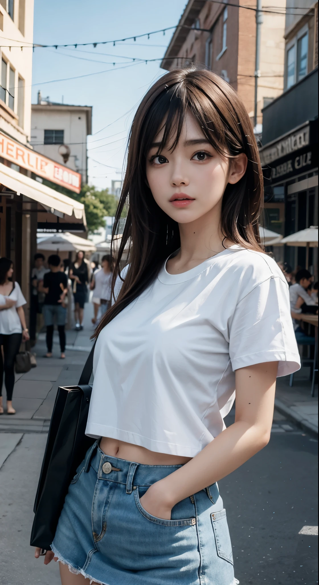 8k, Artwork, Highest quality, Realistic, Super detailed, 1 girl,  Realistic skin texture, Large breasts, Behold the Beholder, , Loose mid-cut T-shirt,, Down, Down , Micro Mini Skirt, , Cinema Lighting, Face focus, Narrow eyes, Facial details, Bright Face, Light of the sun, Outdoor cafe in the background, Low angle shot, Downからの眺め

# Instant production is set up on a rooftop in Corona, Queens., Nova York. It&#39;s sunset, The sky is shining with brilliant colors, Create a great background for your scene. The woman is posing confidently, Exudes elegance and grace. Adds a playful touch to a sophisticated look. The rooftops are shining with the warm city lights, The atmosphere is enhanced by the presence of dazzling neon lights dotting the horizon.。. 画像はHighest qualityです, シャープなフォーカスとSuper detailedな機能, Capturing every nuance of a woman&#39;Facial expressions and surroundings. The overall effect is realistic and immersive, HDR rendering emphasizes rich colors and textures.
