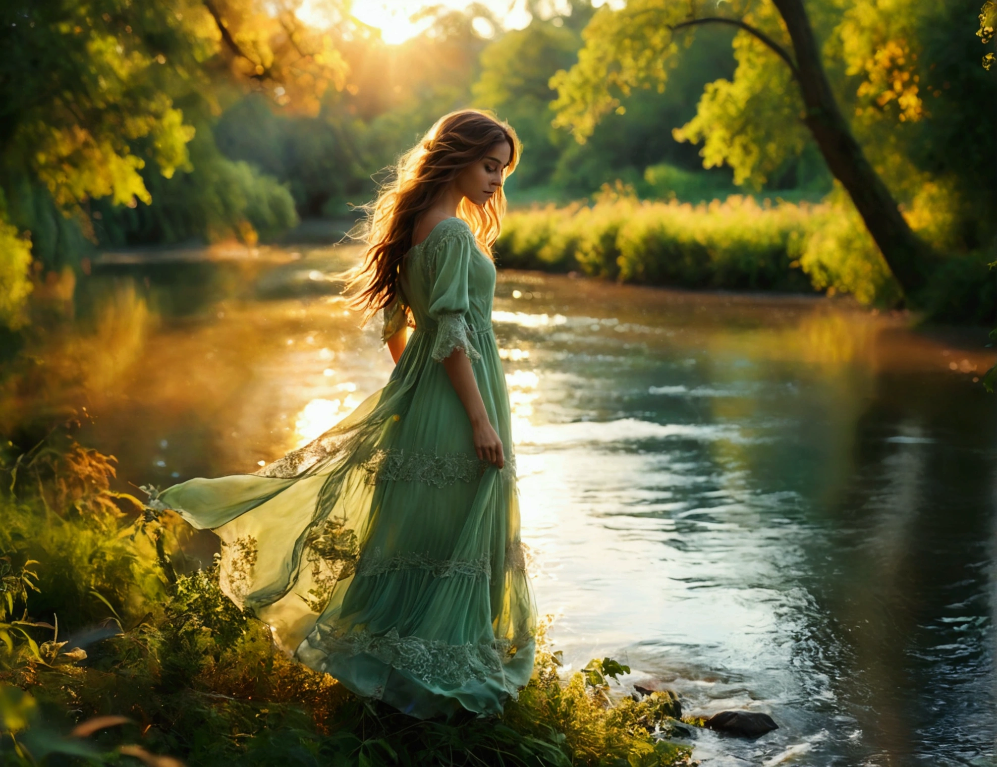 A beautiful female model posing by a tranquil river, wearing a flowing, light green dress with delicate lace details. The dress billows slightly in the gentle breeze. She stands barefoot on the grassy riverbank, one hand delicately holding the hem of her dress, and the other lightly touching her flowing hair. The river’s surface reflects the golden hues of the setting sun, casting a warm glow over the scene. Lush, verdant trees frame the river, their leaves gently rustling in the breeze. The background features a clear blue sky with a few wispy clouds. The scene is captured in ultra-high definition, with vibrant colors and soft lighting, creating a serene and peaceful mood. [Hyperrealistic, cinematic photography, high depth of field, ultra-detailed, 4K resolution].