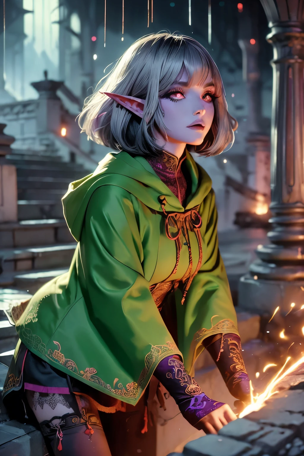 (Ultra-detailed face, looking away, Fantasy Illustration with Gothic, Ukiyo-e, Comic Art), 
BREAK 
(DarkElves: These middle-aged dark elf women have silver hair, blunt bangs, bobs hair, dark purple skin, and lavender eyes.), 
BREAK 
(CorrosiveCourt: She wears a high-collared cloak and yellow wool work clothes with lace and embroidery.), 
BREAK 
(Jumping: She jumps (speed lines) from a high stone staircase with great action and daring poses.), 
BREAK 
(CorrosiveCourt: This is a world where magic and machines merge. It is raining, green all over with green gas, and lightning is striking in the distance.)